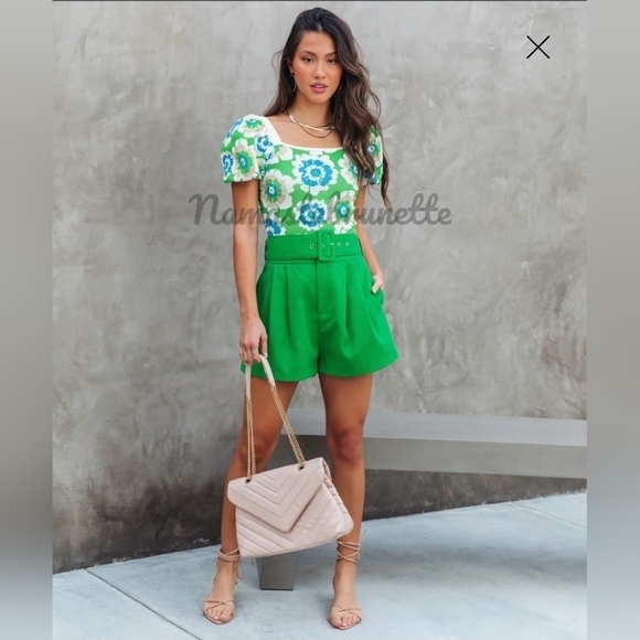 Green Pocketed High Waisted Belted Shorts - Picture 1 of 9